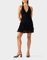 DARK DAHLIA DRESS BLACK Women's Halter Ruffle Mini Dress Black
