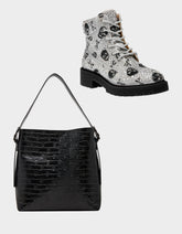 THE GOTH GIRL HOLIDAY BUNDLE Women's Rhinestone Skull Combat Boots and Black Bucket Handbag