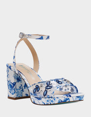 BRODY WHITE/BLUE FLORAL Women's Platform Block Floral Heel with Beaded Embellishments