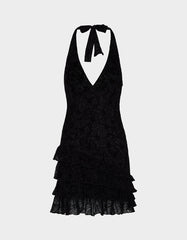 DARK DAHLIA DRESS BLACK Women's Halter Ruffle Mini Dress Black