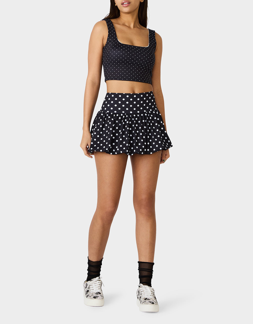 BUBBLE PRINT POLKA DOT SKIRT BLACK MULTI Women's Activewear Black Polka Dot Bubble Hem Skirt