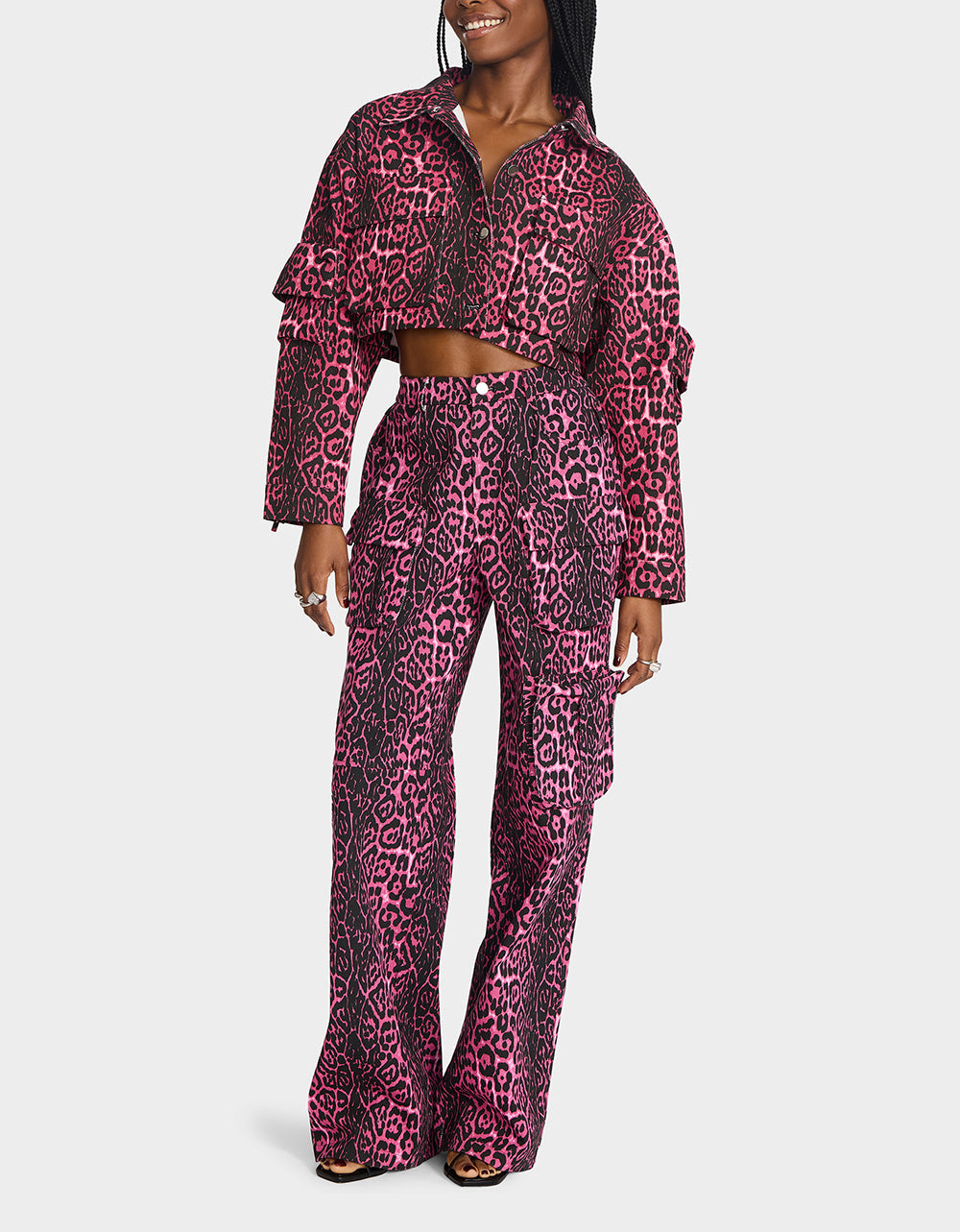 WILD IN PINK BUNDLE Women's Pink Leopard Cropped Jacket and Cargo Pant Set