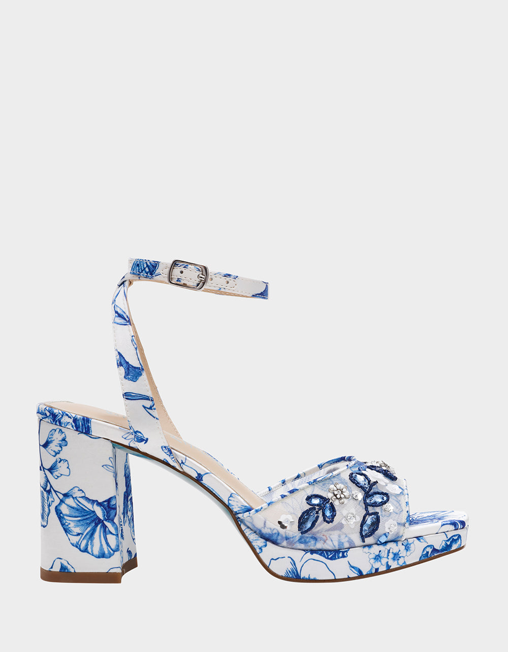 BRODY WHITE/BLUE FLORAL Women's Platform Block Floral Heel with Beaded Embellishments