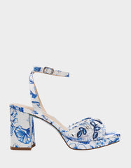 BRODY WHITE/BLUE FLORAL Women's Platform Block Floral Heel with Beaded Embellishments