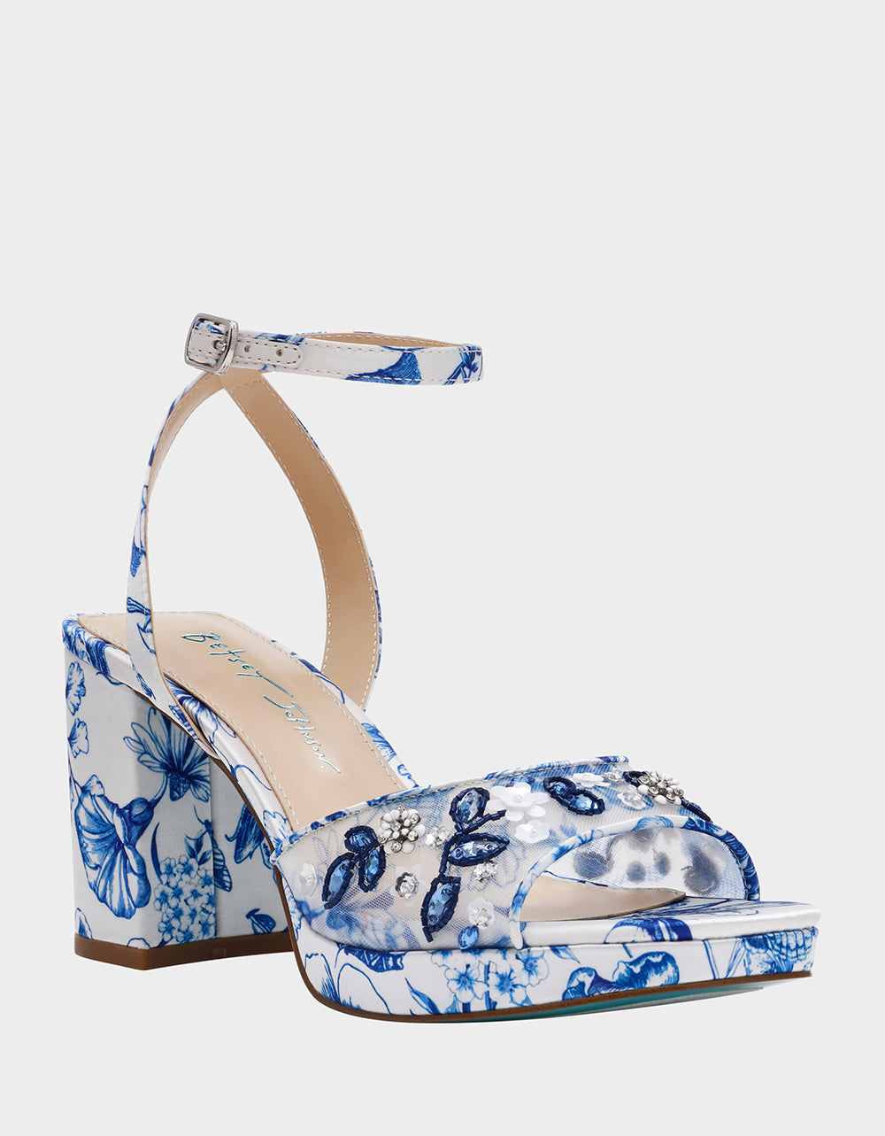 BRODY WHITE/BLUE FLORAL Women's Platform Block Floral Heel with Beaded Embellishments