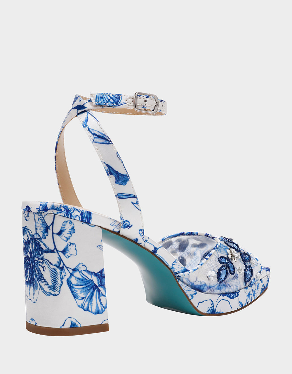 BRODY WHITE/BLUE FLORAL Women's Platform Block Floral Heel with Beaded Embellishments
