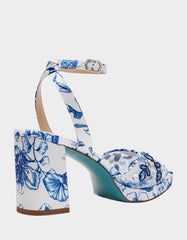 BRODY WHITE/BLUE FLORAL Women's Platform Block Floral Heel with Beaded Embellishments