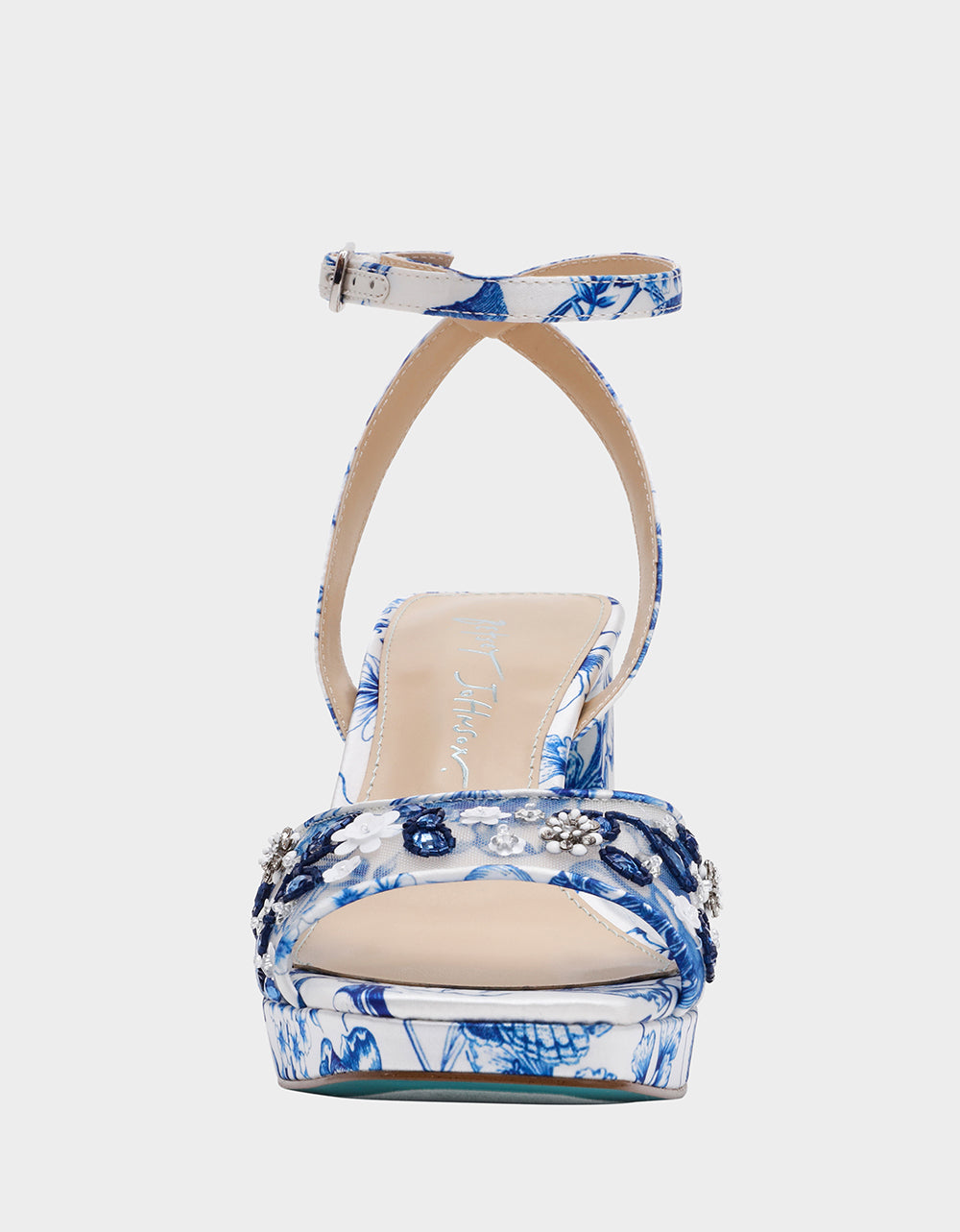 BRODY WHITE/BLUE FLORAL Women's Platform Block Floral Heel with Beaded Embellishments