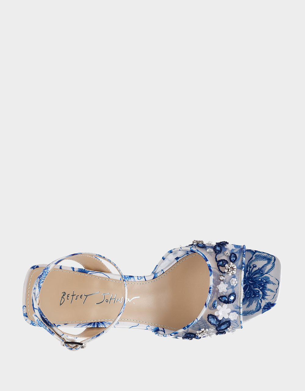 BRODY WHITE/BLUE FLORAL Women's Platform Block Floral Heel with Beaded Embellishments